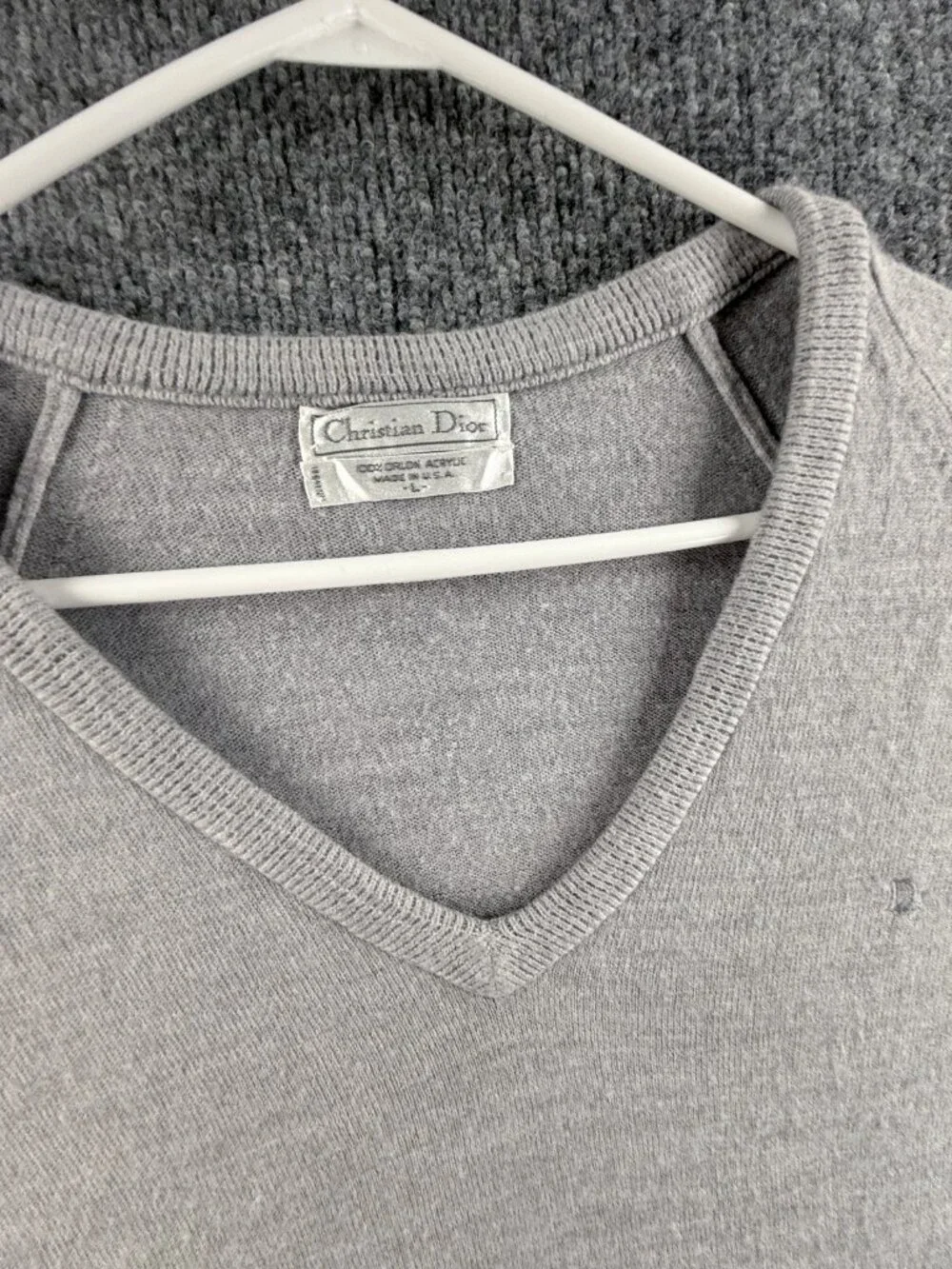 VTG Christian Dior Sweater Large Gray USA Pullover V-Neck Acrylic Logo Mens Knit